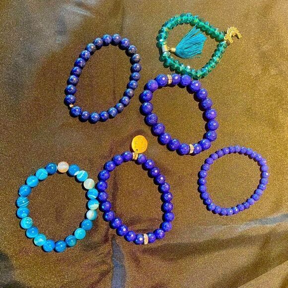 Set of 6 blue and green beaded bracelets - Picture 1 of 7